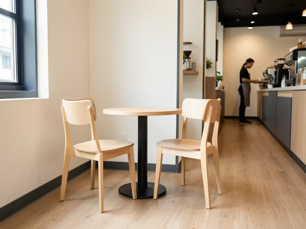 Two-seat café table layout with a clear aisle for coffee-shop service