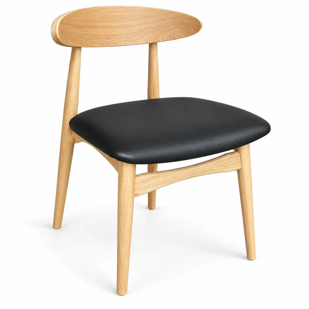 Tekkashop SIDC625 Japanese Minimalist Style Curvy Wooden Backrest PU Leather Seat Dining Chair